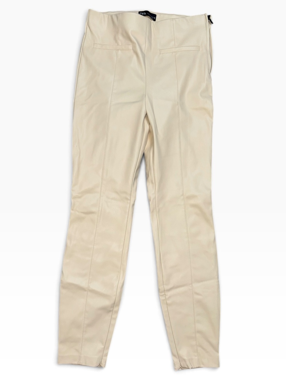 Zara Faux Leather Skinny Pants Cream Side Zip Ankle Zip Women’s M